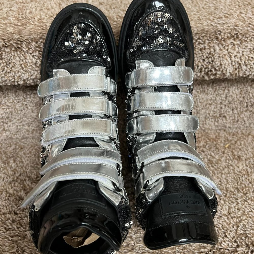 Louis Vuitton Women's Silver & Black Sequin Leather Straps High-Top Sneakers. - Picture 6 of 10